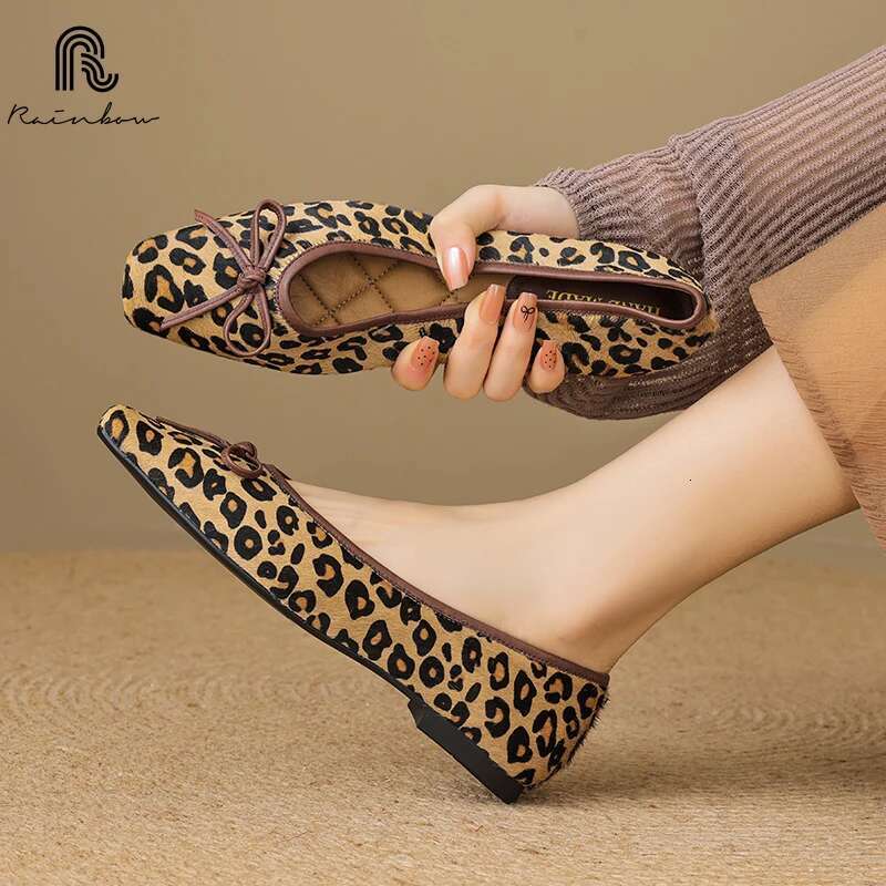 RAINBOW Size 34-43 New Spring Autumn Women Pumps Square Toe Chunky Horsehair Leopard Shoes Concise Flats Comfortable Black Soft