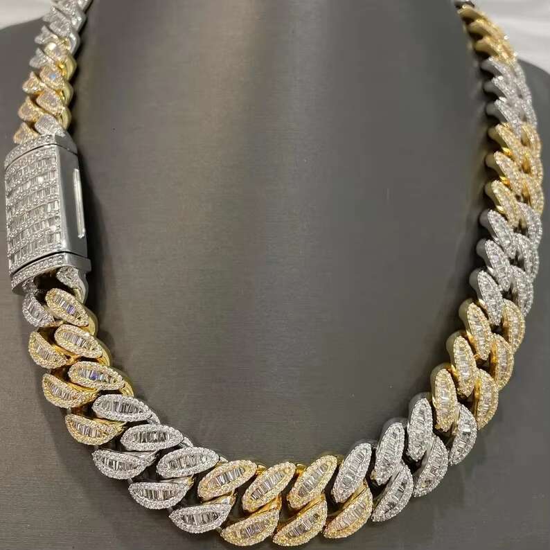 20 MM Iced Out Moissanite Baguette Round Diamond Studded Cuban Link Hip Hop Style Miami Cuban Chain for Men Women Gift Idea