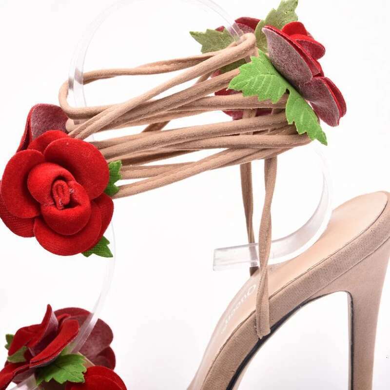 2024 New Satin Rose Cross Straps Round Head Fine Super High Heel Large Size Strappy Women's Sandals Wedding Shoes