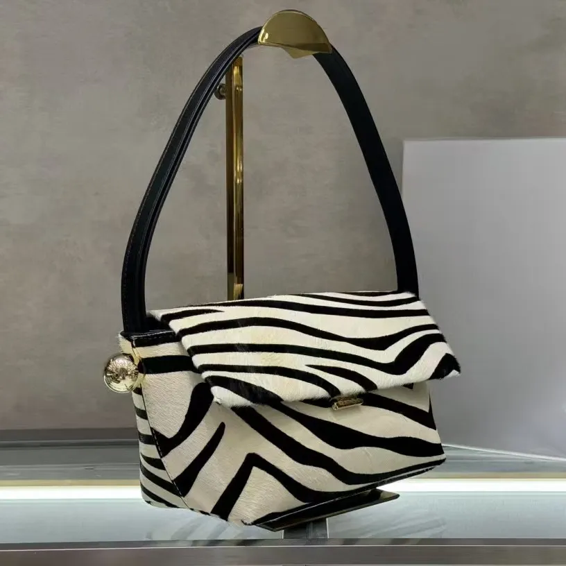 Chic Female Accessory: Rond Carre Design Zebra Stripe Leather Shoulder Bag Featuring Premium Horse Hair Detailing