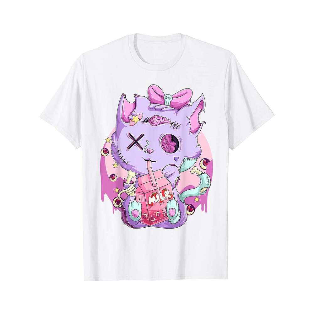 Designer T shirt Neko Strawberry Milk Tee Shirt Goth Pastel Aesthetic Cat - 220g Tshits