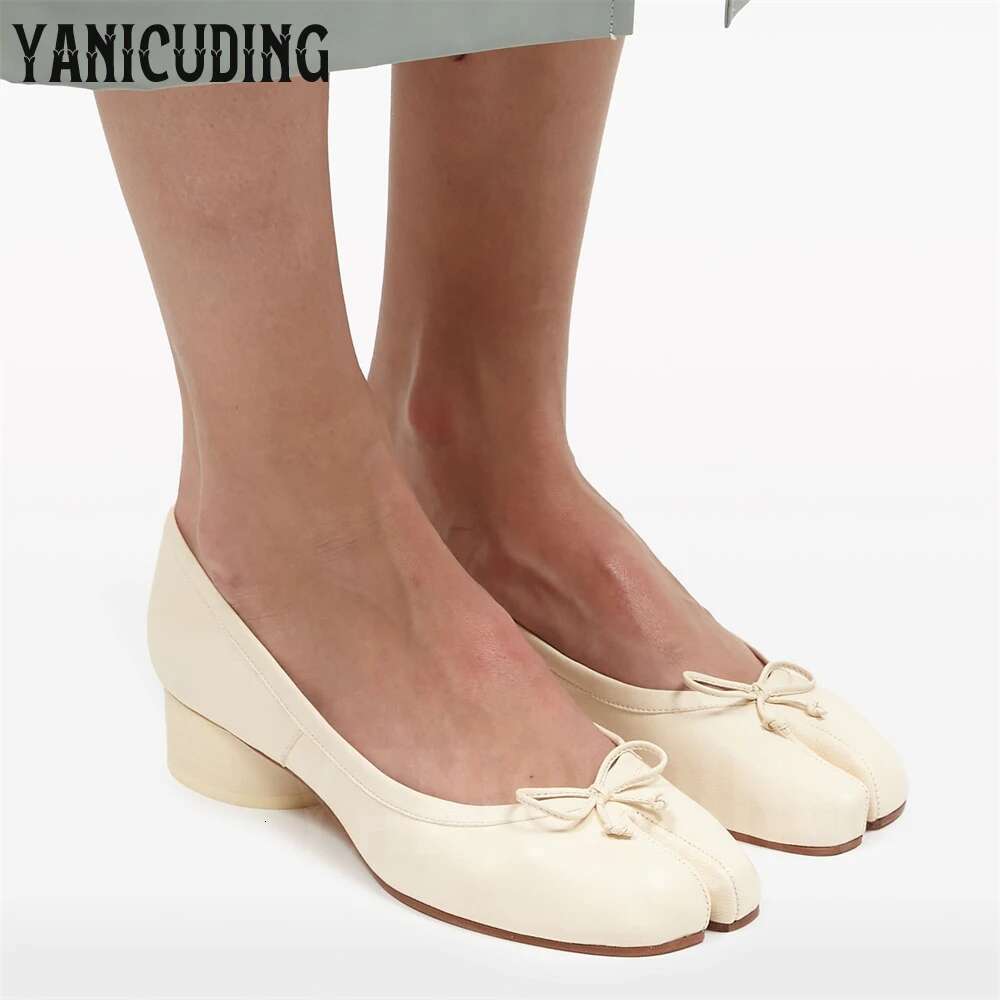 3cm Low Cydrical Heel Ballerina Pumps Tabi Slip-On Leather Shoes Bow Detaig Elegant Handmade Designer Footwear for Banqute