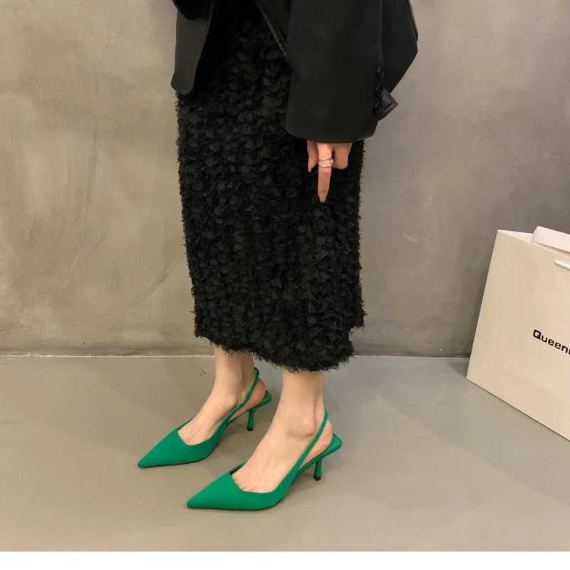Wen Summer Shoes 2024 New Fashion Pointed Toe Stiletto Medium Heel High H Wen Back Emp Toe Sandals Green Wens Shoes Z250326