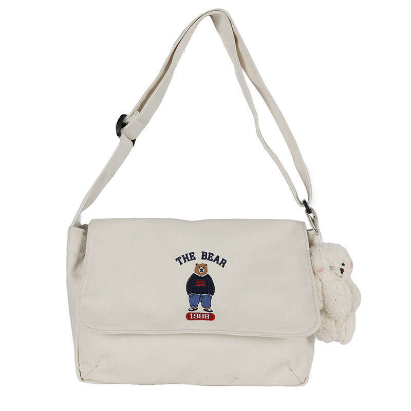 Ulzzang Academy Style Antique and Cute Cartoon Embroidery Bear Student Canvas One Shoulder Crossbody Bag Girl