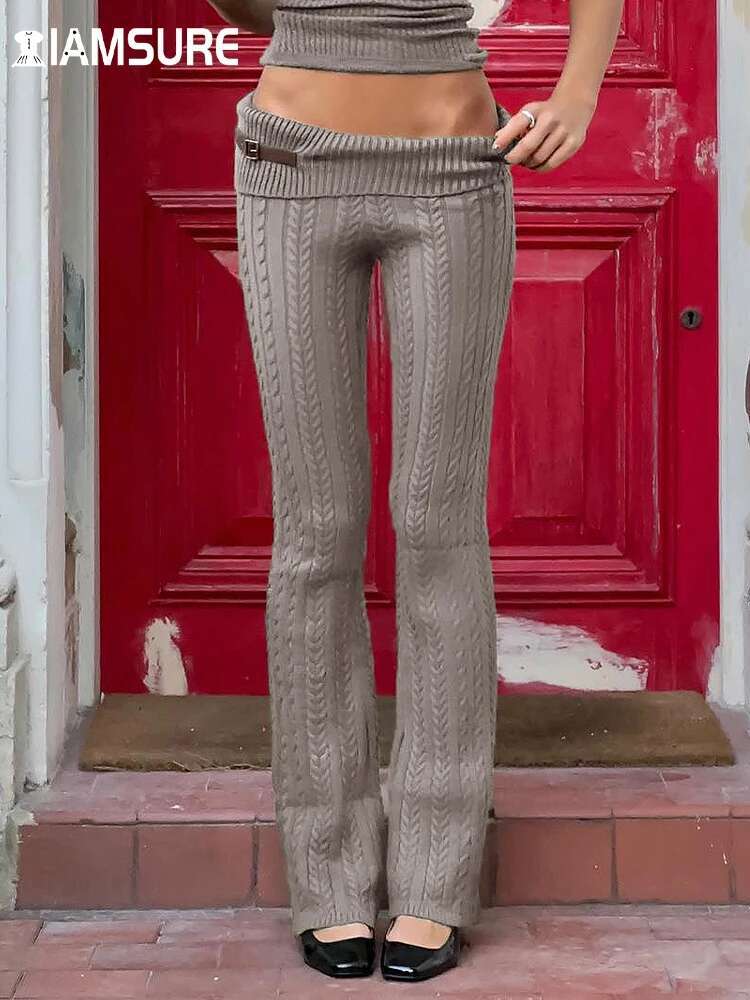 IAMSURE Casual Basic Knitted Flares Autumn Winter Slim Solid Turn-Down Waist Low-Waisted Pants Women Fashion Streetwear