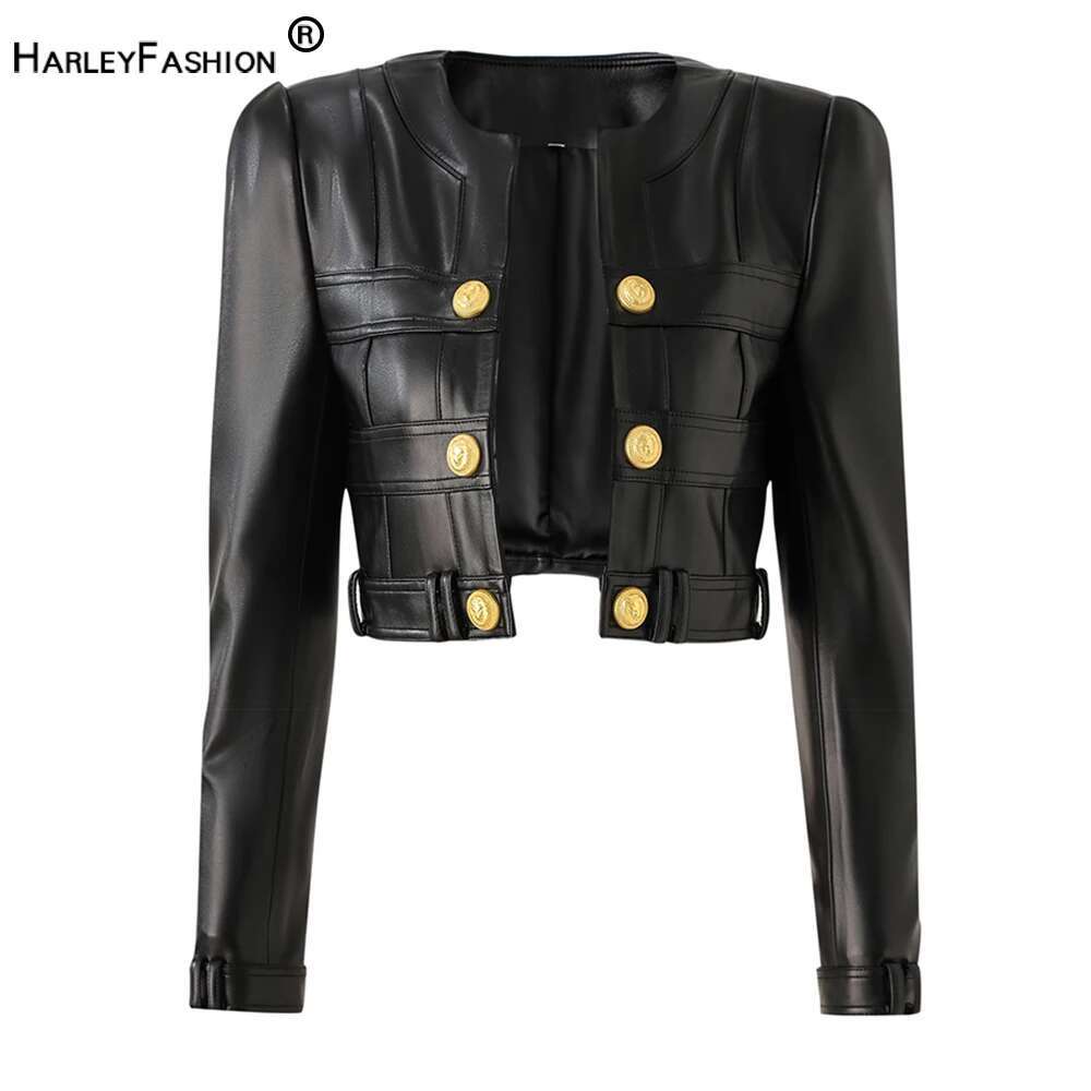 New Fall Spring Motorbike Style Handsome Women Short Plaid Open PU Leather Outdoor Fashion Jacket High Quality