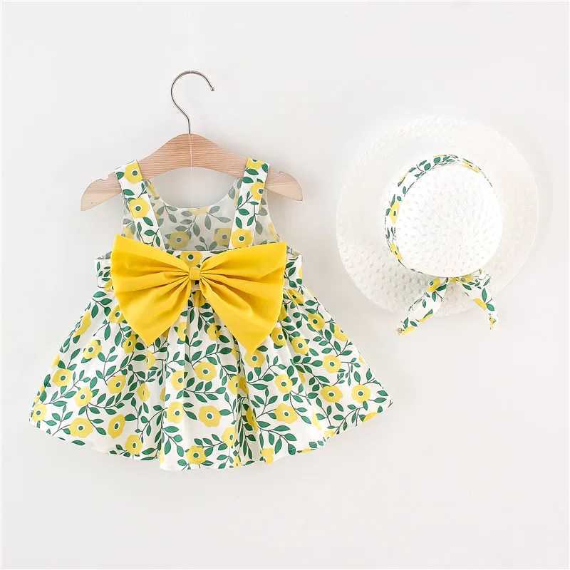 Summer New Floral Beach By Baby Girl Dress Sweet Bow Childrens Clothing With Free Hat(9 Months - 3 Years Old) W250326