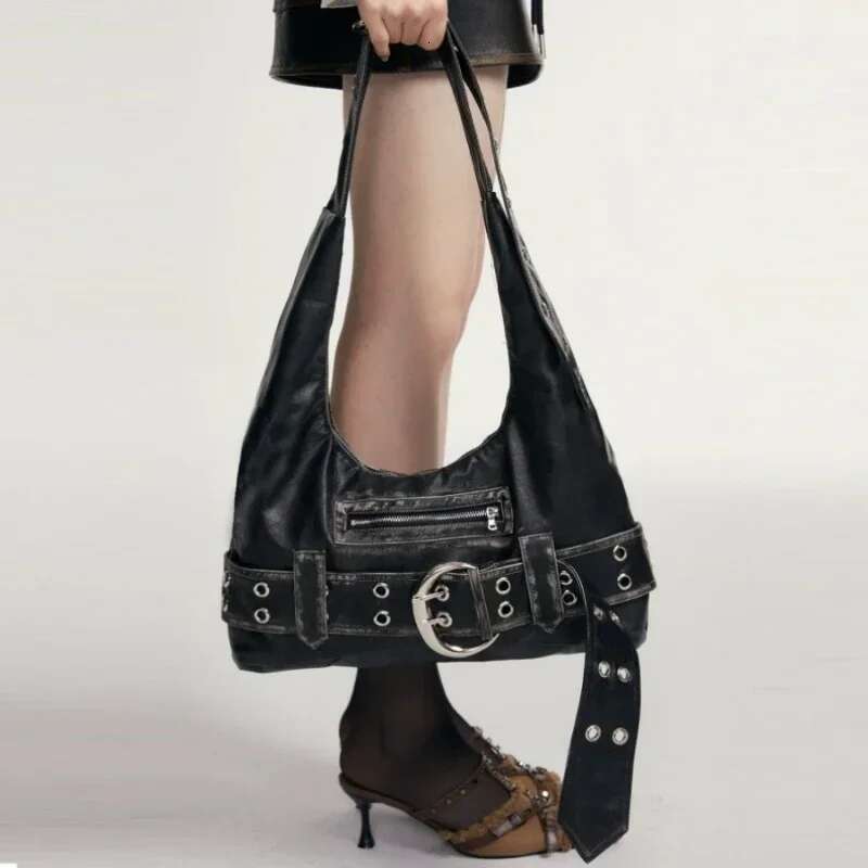 Designer Belt Buckle Women Handbag PU Rivet Multiple Pockets Y2k Large Capacity Shoulder Bags Big Vintage Shopper Totes
