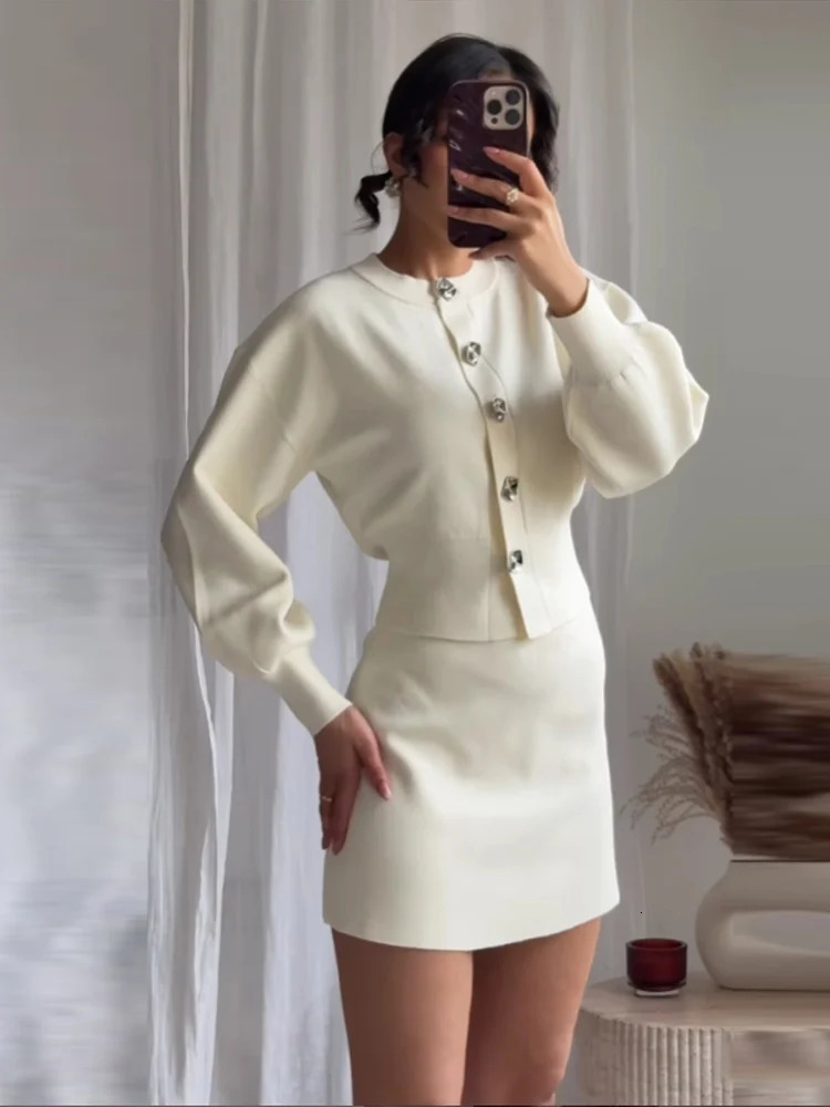 Casual Knitted Matching Set Round Neck Puff Long Sleeve Cardigan Hip Set Mini Skirt Elegant Solid Womens Set 250321