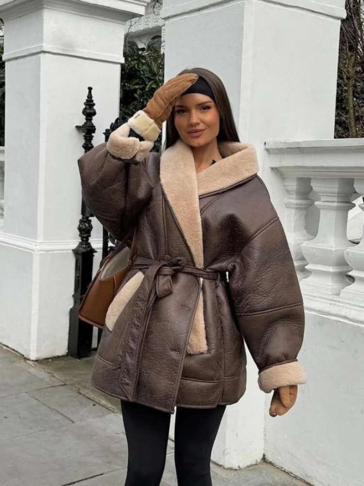 Winter Thick Plush Leather Jackets Women Office Single Breasted Turn-Down Collar Overiszed Coat Female Long Sleeve Overcoat Tops
