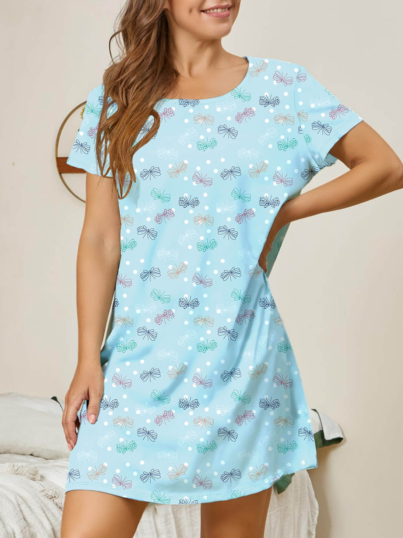 2025 Spring/Summer New Temu Home Sleeping Skirt Round Neck Dress Casual Printed Women's Wear