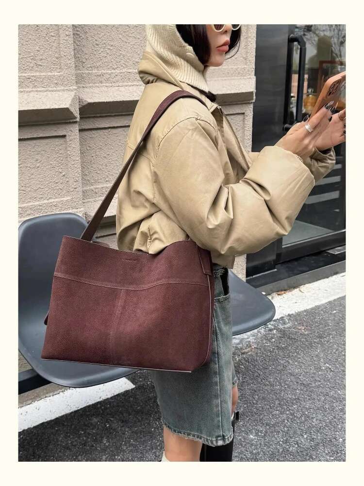 New Winter Matte Suede Cow Leather Women Tote Coffee Retro High-End Warm Color Female Shoulder Bag Huge Commute Travel Handbag