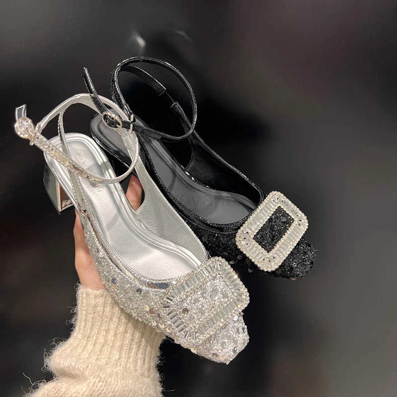 Summer High Heel Sandals Crystal Decoration Fashion Par Dress Shoes Thick Heel Sandalias for Ladies Z250326