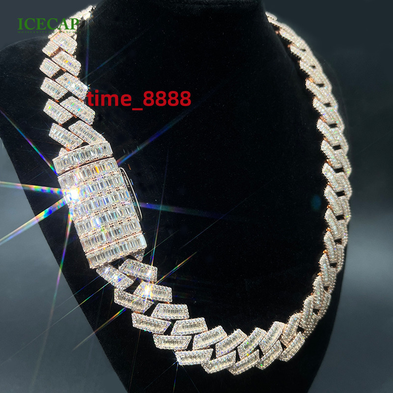 ICECAP Fine Jewelry VVS Moissanite Diamond Rose Gold Plated Round Baguette Moissanite Necklace Cuban Chain