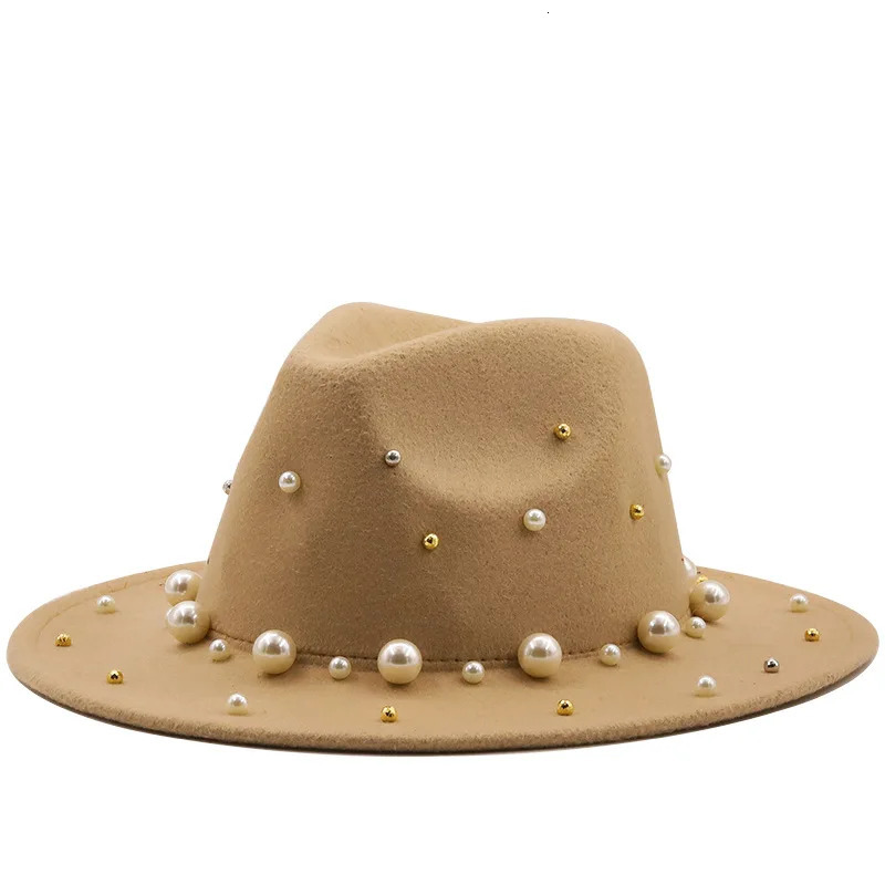 Spring and Autumn Womens Wide Brim Artificial Wool Felt Top Hat Pearl Decoration Jazz Party Wedding Brown Fedora Hat 250325