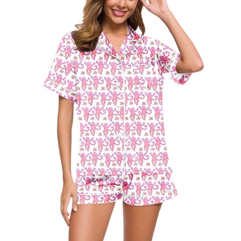 2025 Summer Home Clothes Monkey Printed Polo Casual Set Pajamas for Women