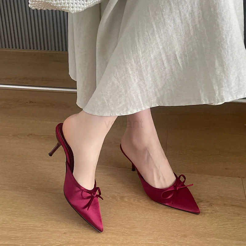 Big Size 43 Fashion Silk Ladies Thin H Pumps Shoes Footwear -Knot Wen Stiletto H Mes Shoes Fem Slides Z250326
