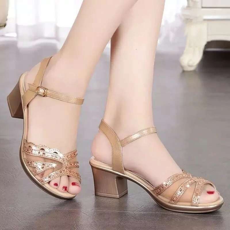 2025 Summer New Open toed Women's Designer Fashion Thick Heel Shoes with Mesh Black Party Buckle Fish Mouth Elegant Sandals