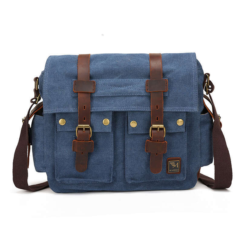 Wind canvas with crazy horse leather men's shoulder bag, unisex versatile casual bag