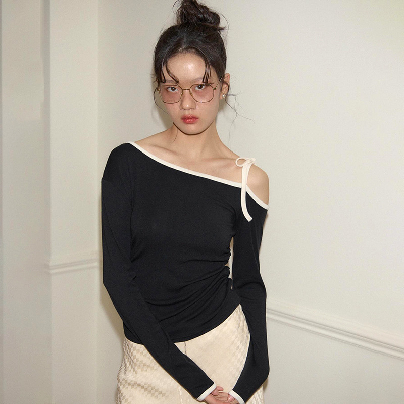 2025S Fashion Designer Y TP Women S Autumn And Winter Pullover Diagonal Collar Bow Tie Lace Up Off Shoulder Solid Color Short Top T Shirt