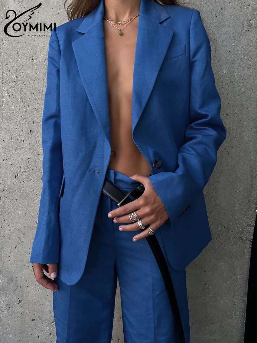 Oymimi Fashion Blue Cotton For Women 2 Pieces Elegant Long Sleeve Single Button Shirts And Solid Wide Leg Pants Female Sets