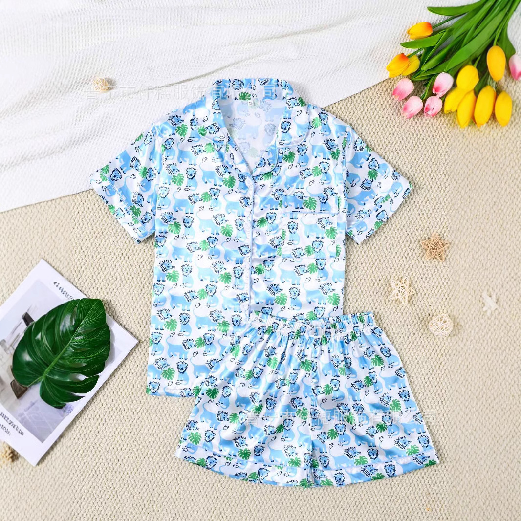 Children's cartoon animal monkey print South Korean silk sleepwear set with short sleeves and elastic waisted home clothes