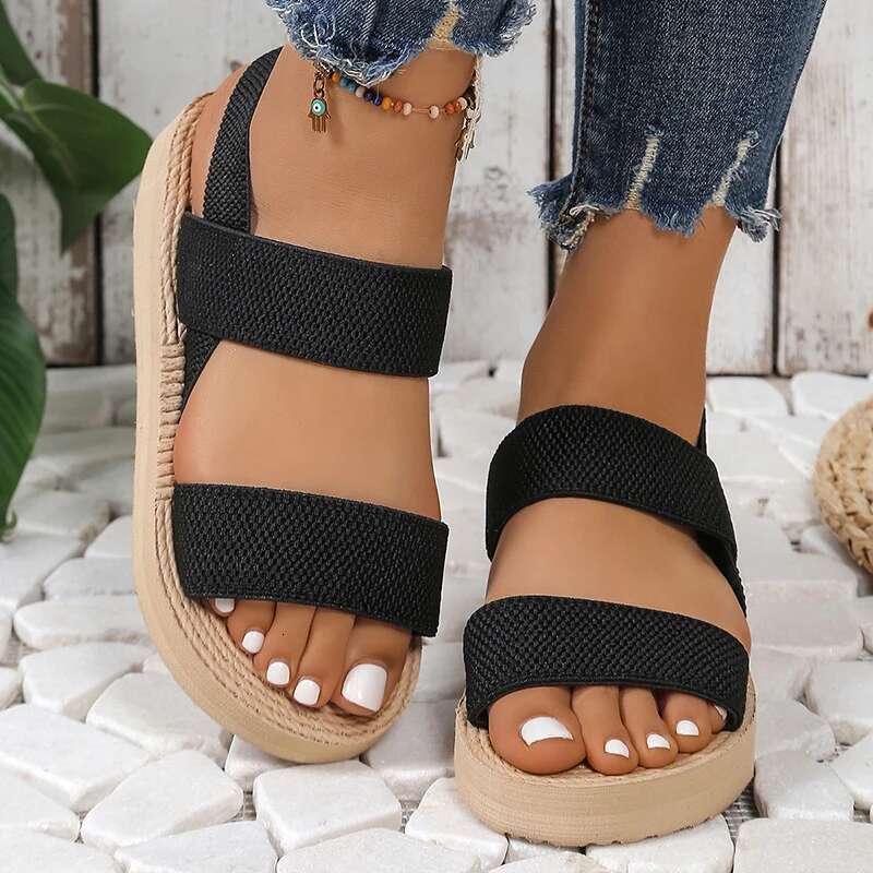2025 Summer New Elastic Band Wedge Women's Designer Fashion Sandals Lightweight Non slip Beach Shoes Women's Casual Comfortable Sandals