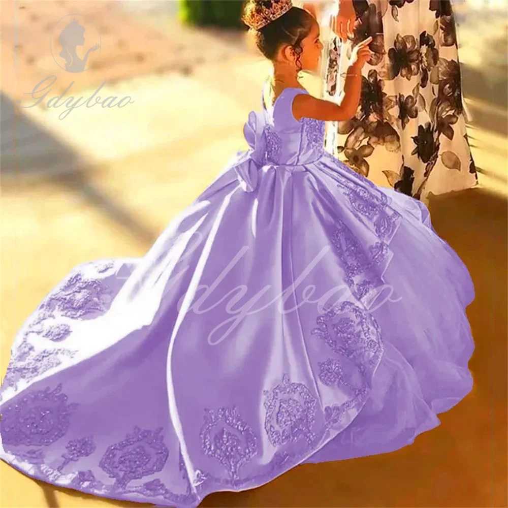 Flower girl dress childrens dress with beads girls long dress birthday dress lace back satin dress formal dress W250326