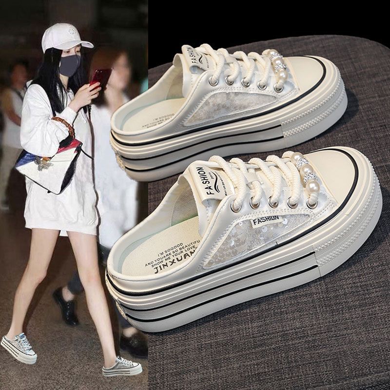 designer shoes 2025 new Women's summer outdoor fashion style white slip-on mules with toe caps no heels super trendy half-slip sandals