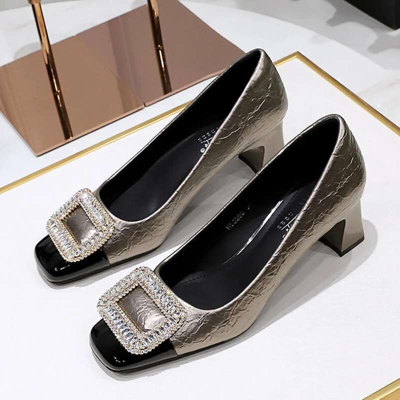 BIGTREE Fashion Metal Crystal Splice Women Pumps Kitten Thick Heel Elegant Party Ladies Shoes atos De Mujer