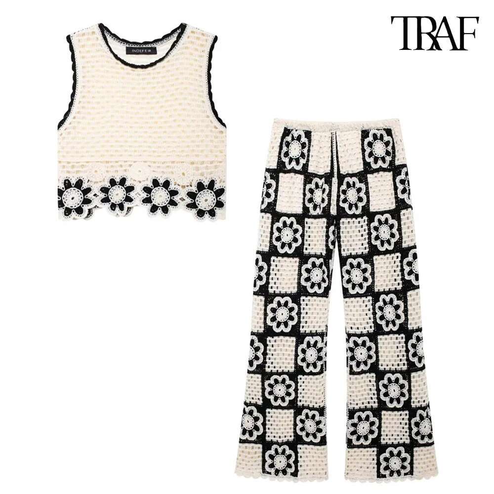 TRAF New Crochet Sleeveless Top Clashing Wide Leg Pants Set Sexy O Neck Short Tank ral Knit Trousers Simple Two PieceSet