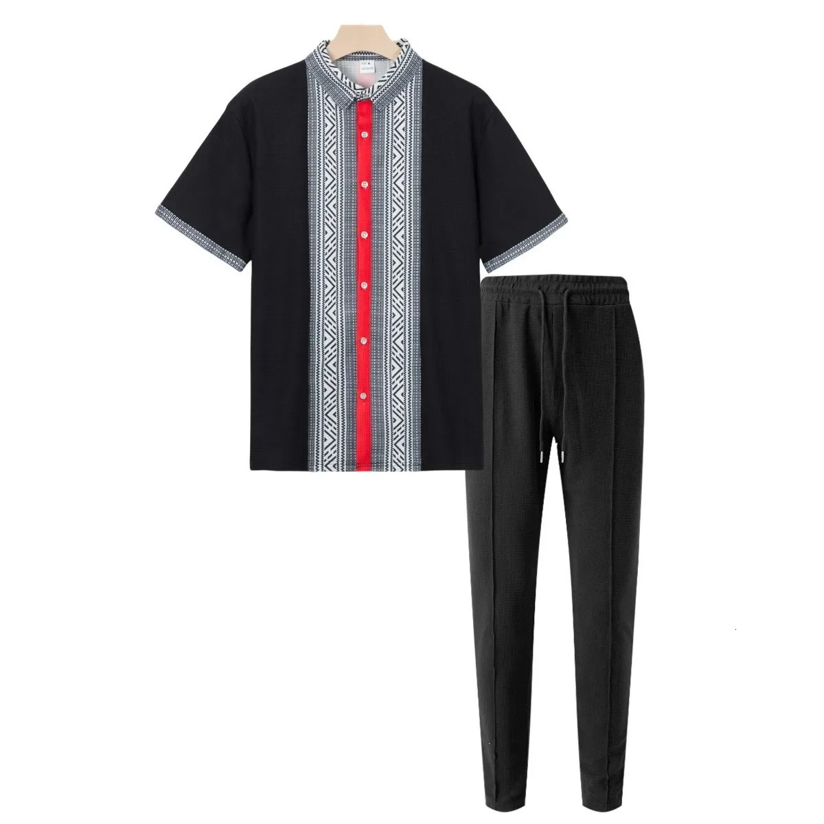 crossborder mens casual European and American waffle shirt short sleeved twopiece Trouser set sportswear for summer 2025 250326