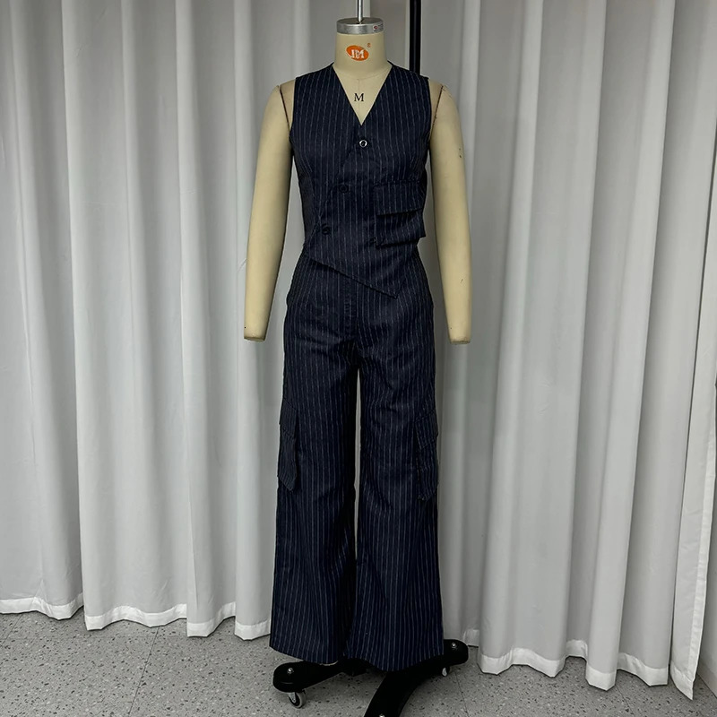 Wefads Office 2-piece Womens Elegant Sleeveless Stripe Printed V-neck Irregular Single Chest Tank Top Straight Pants Set 250321