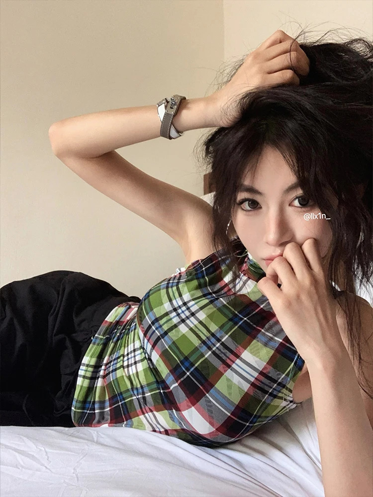 Tonngirls Vintage Tank Tops Plaid Sleeveless Skinny American Retro Crop Tops Grunge Y2k Tank Tops Streetwear Summer Classical 250321