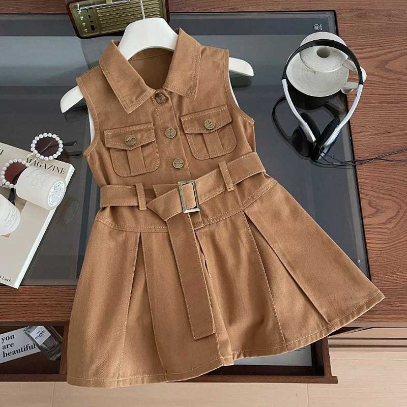2024 Summer New Womens Cowboy Dress Belt Decoration Collar Sleeveless Tutu Princess Dress 2-10 Year Childrens Fashion Dress W250326