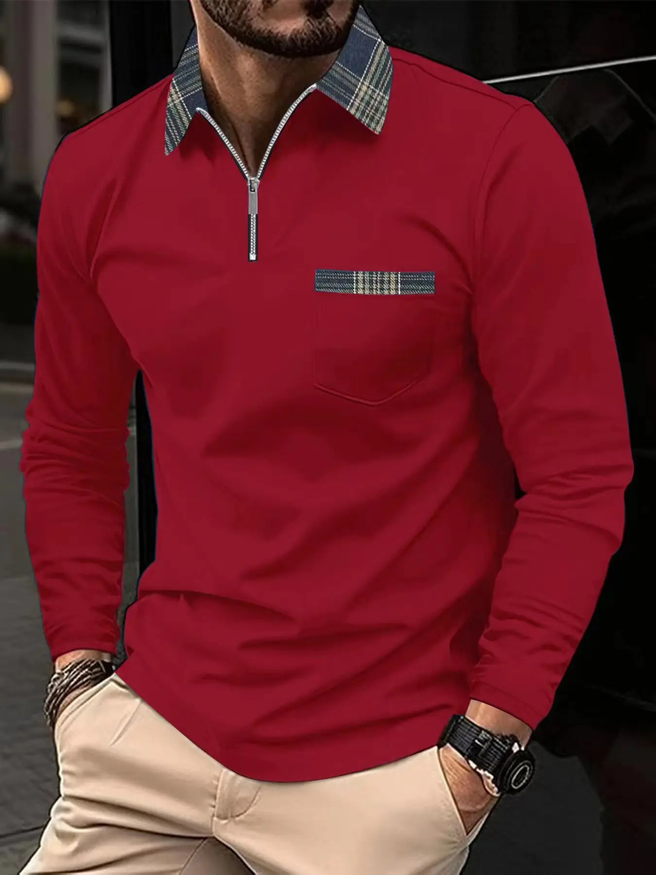 Mens Spring and Autumn Fashion Classic Solid Color Zipper Collar Sweater Sports Leisure Breathable Pocket Polo Shirt 250326