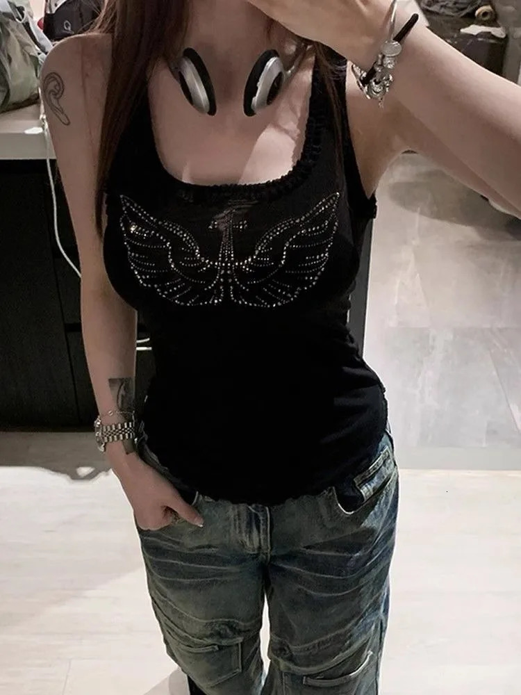 mesh patchwork vest summer sleeveless top sleeveless top sleeveless Y2k E-Girl ultra-thin suitable for women diamond white vest 250321