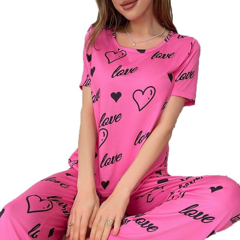 New Milk Silk Love Full Printed Short sleeved Pants Set for Women's Home Furnishings Spring/Summer Collection