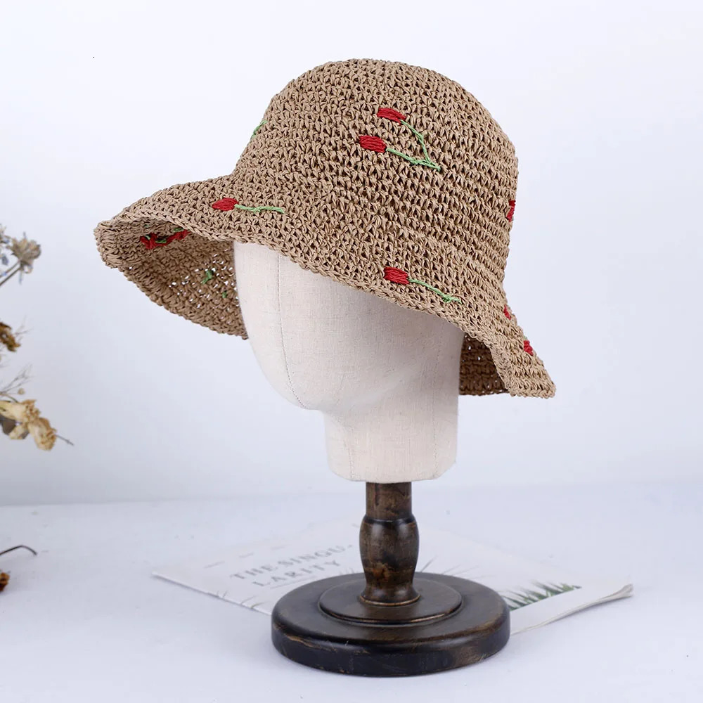 2025 Girl fashion Style bucket hat cherry Foldable Sun Crochet Hat For Beach Travel And Vacation handmade straw hat 250326
