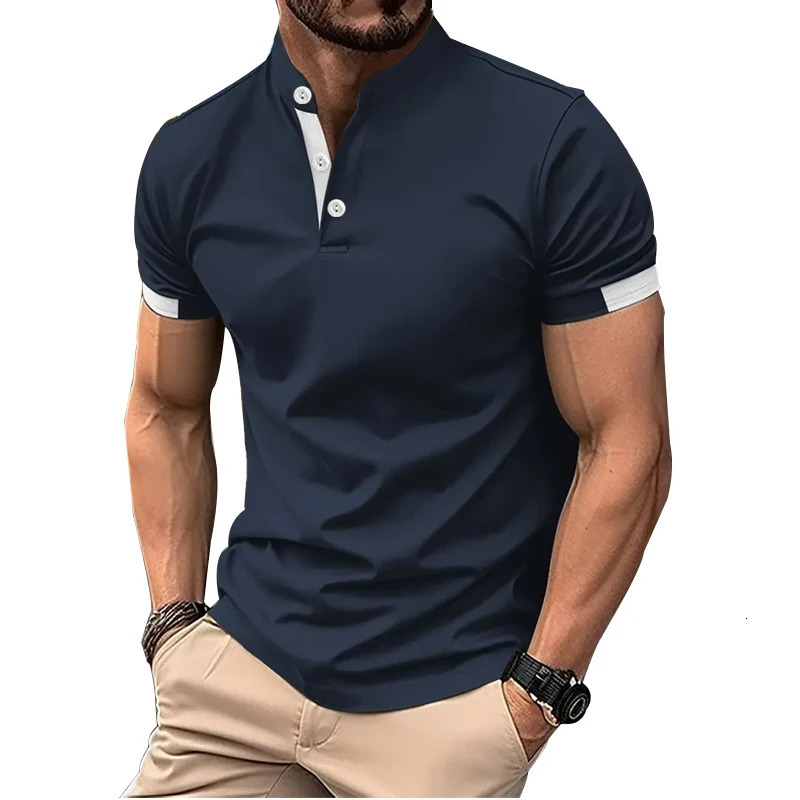 Mens spring and summer short sleeved printed polo shirt fashionable casual stand up collar 100 polyester quick drying top 250326