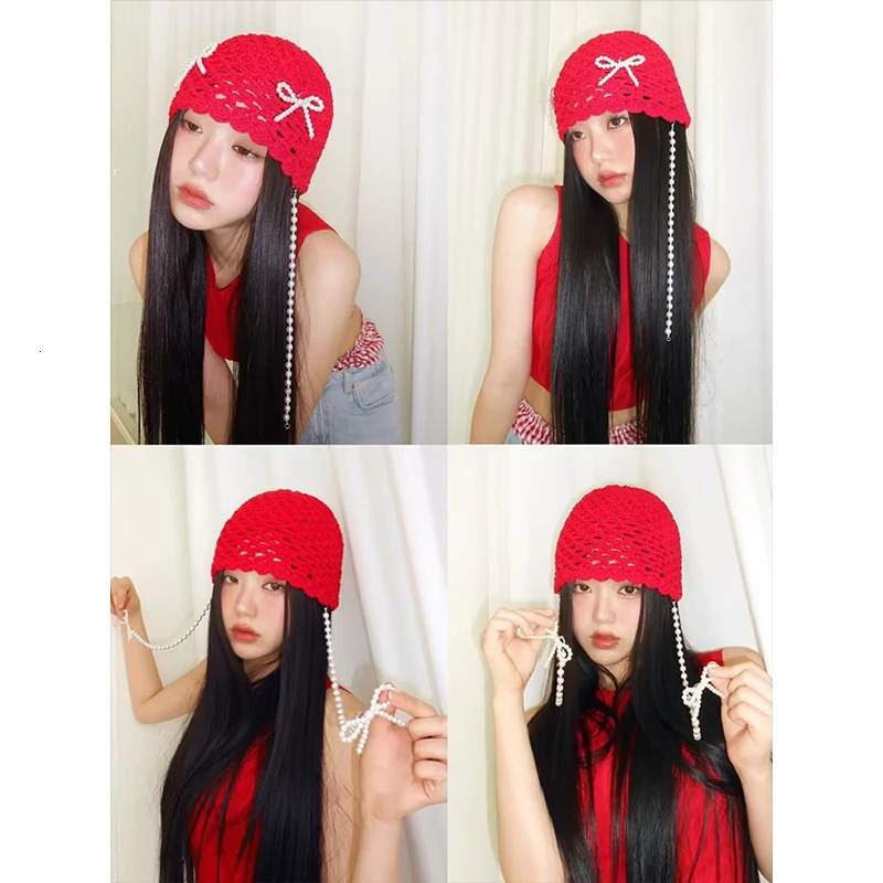 DIY Pearl Bow Pendant Hollow Handmade Knitted Pullover Hat Street Breathable Short Brim Personalized Skull Beanie Cap Korean 250321