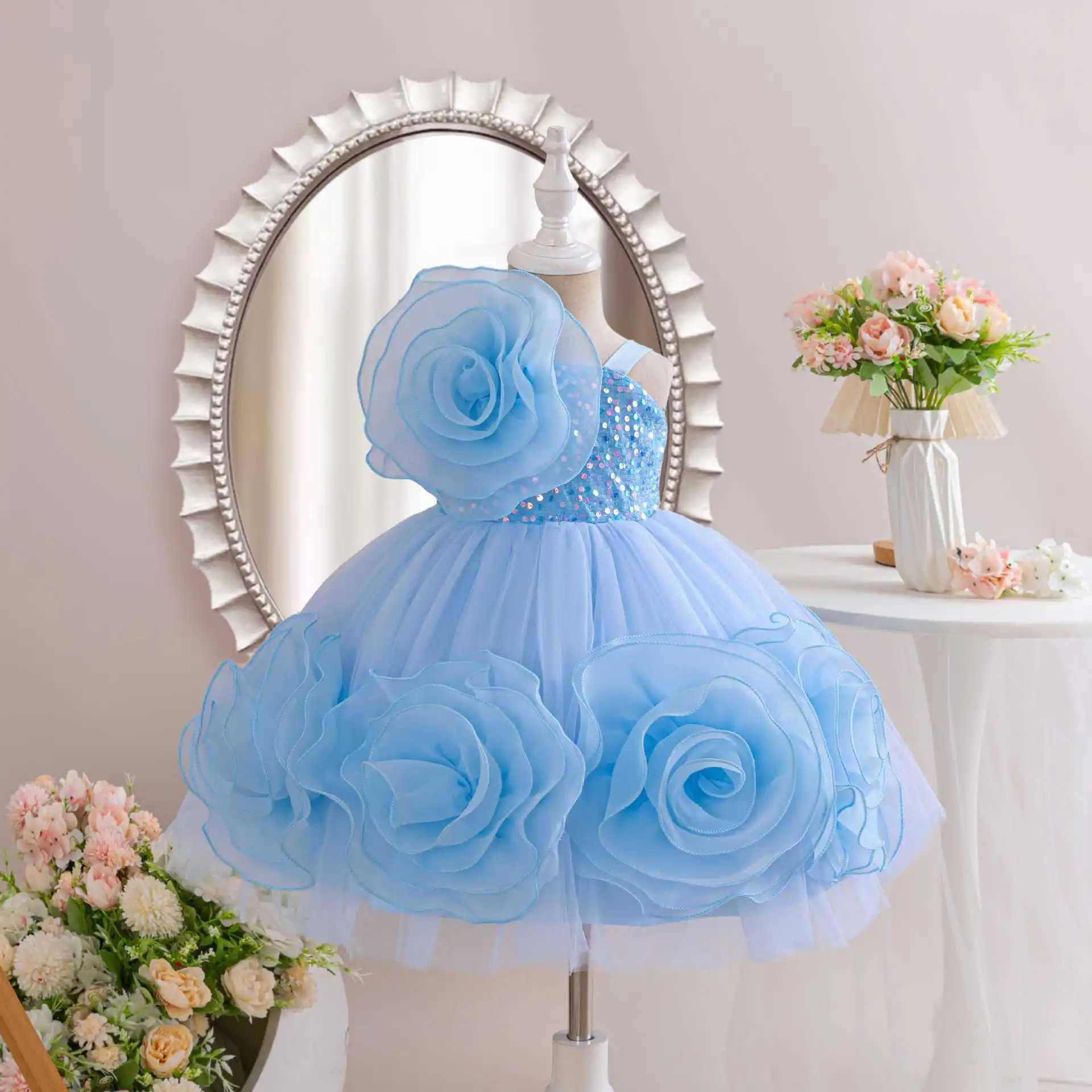 Hetiso girl Par dress flower elegant childrens wedding dress sequins big bow childrens birthday celebration frog 1-7 years W250326