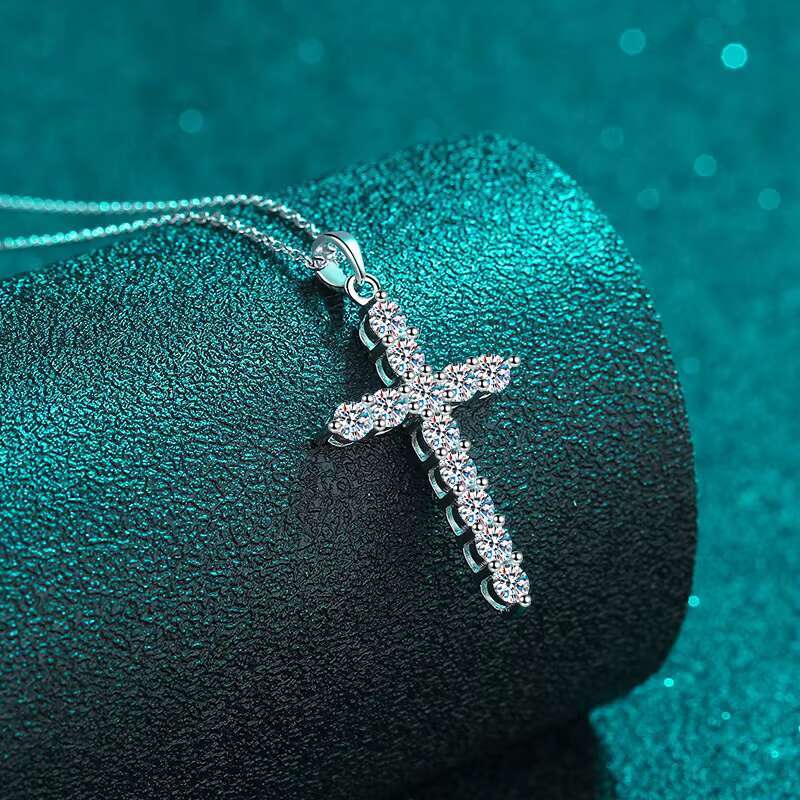 Hot Trendy Fine Moissanite Diamond Cross Pendant on Sterling Silver Chain High Quality Necklace for Men Women Girls Jewelry