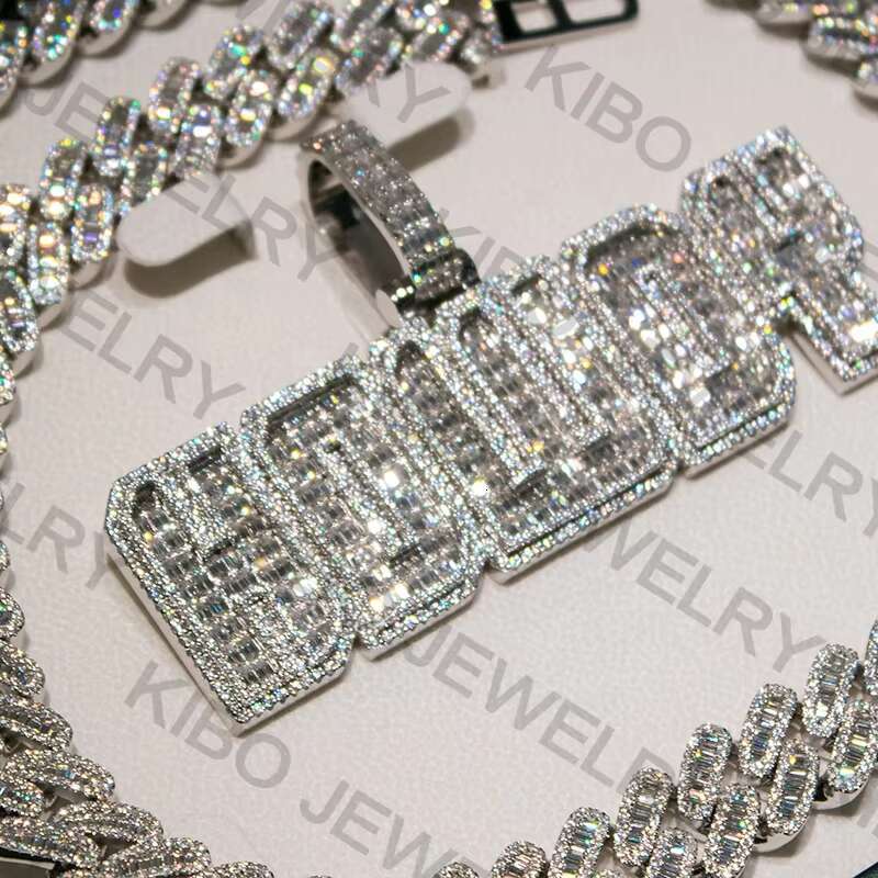 Custom Iced Out Hip Hop 18mm 925 Sterling Silver VVS Moissanite Name Pendant Wiht Cuban Link Chain Set