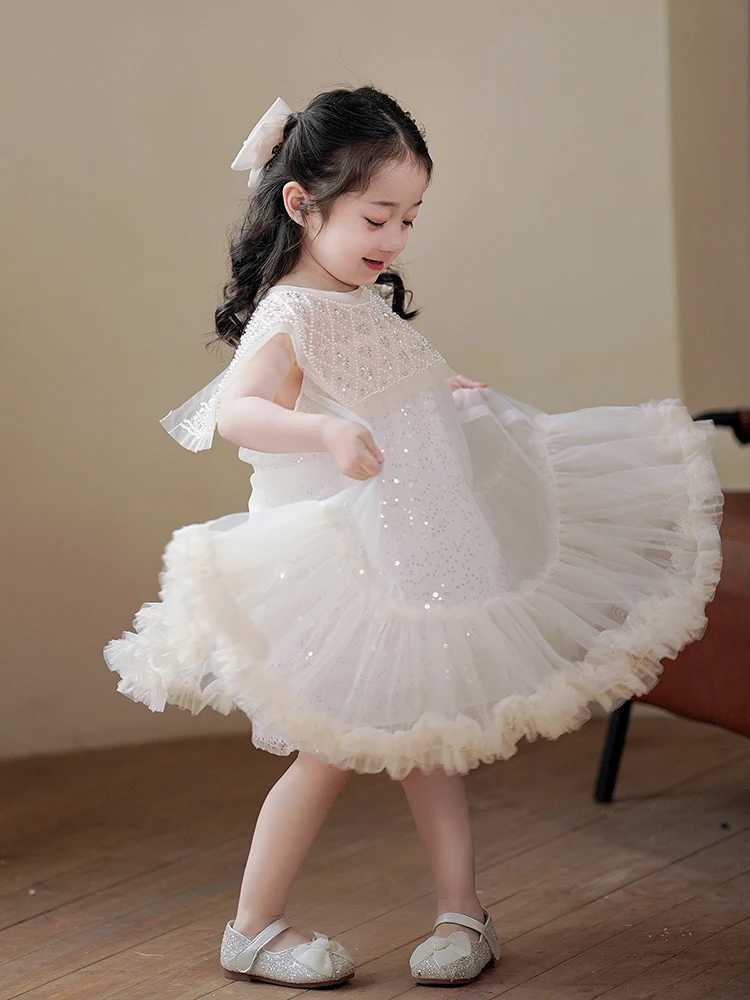 Girls Prin cess Dress Casual Spring Summer Princess Dress Childrens 2024 Wear Korean Pearl Neck Fashion Yarn wedding Dress W250326