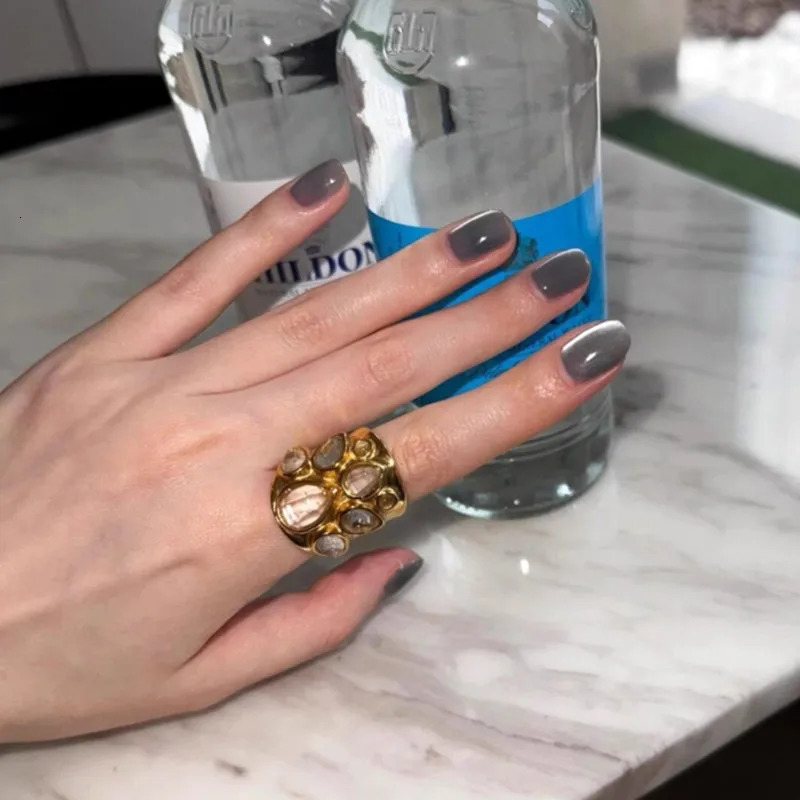 Transparent Natural Stone Crystal Ring Geometric Metal Rings Brass for Women Jewelry Light Europe America Party Gifts 250322
