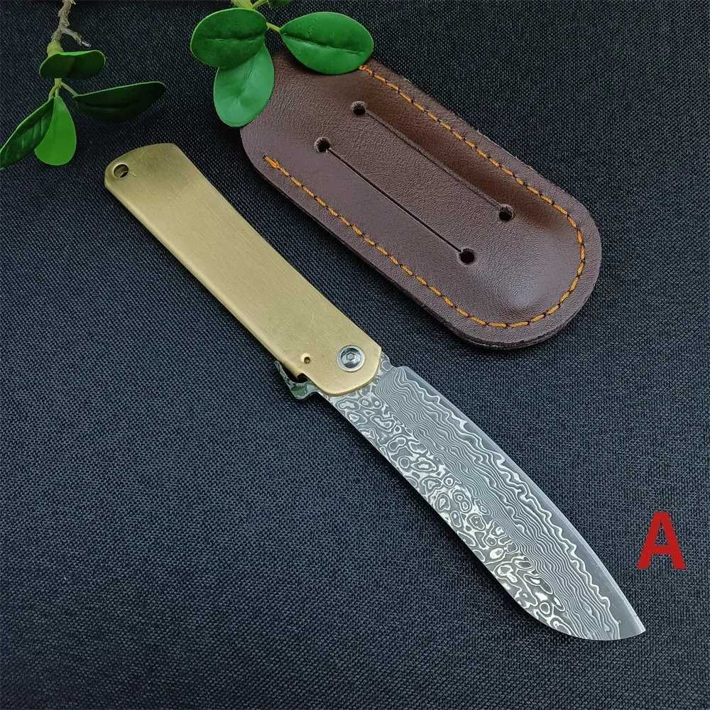 Japanese Higonokami Pocket Folding Knife Damascus Steel Copper Handle Outdoor Camping Survival Knife Tactical Hunting EDC ToolXJ250326