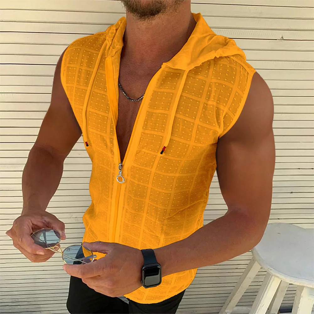 2024 summer smooth zipper sleeveless hooded Cardigan Tshirt mens slim fit sports breathable fitness top 250326