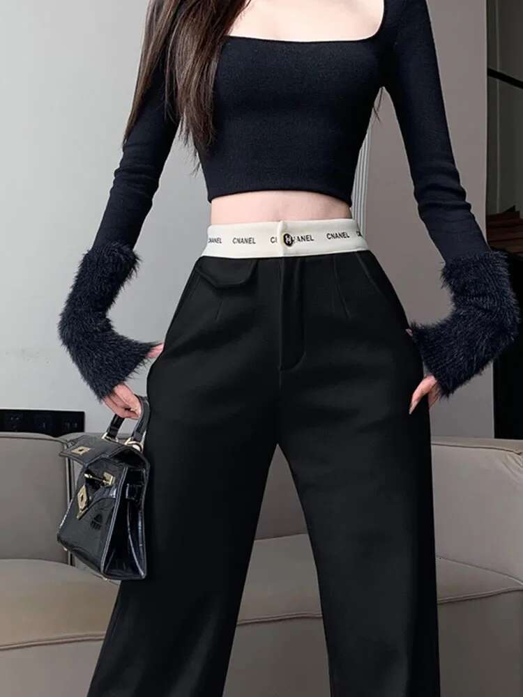Women's Casual Contrast Spliced High Waist Straight Black Pants Street Trendy Chic Loose Trousers Spring Autumn New