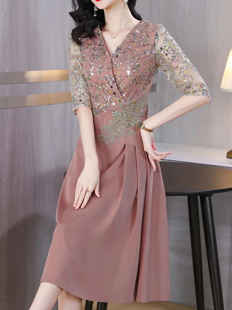 Summer New Sequins Chic Evening Wedding 2024 Women's Elegant Bodycon Midi Dress Satin Vintage Casual Party Vestidos